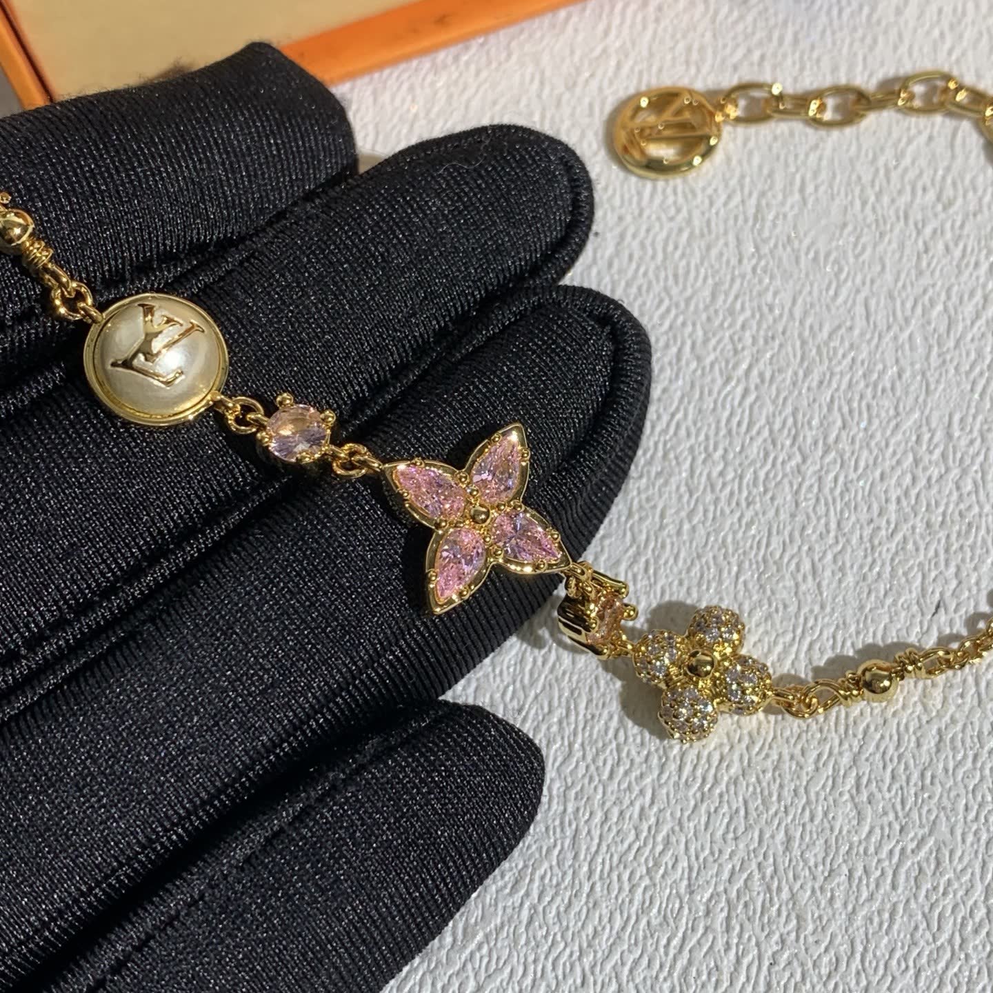 Louis Vuitton Gold Tone Crystal Flower Bracelet